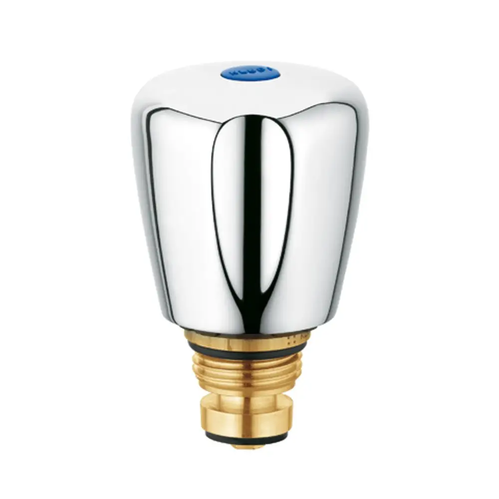 Kludi-Ersatzteil mit einem glänzenden, runden Oberteil und blauem Griff, darunter ein goldenes Gewinde. Ideal für Wasserinstallationen im Badezimmer oder der Küche.